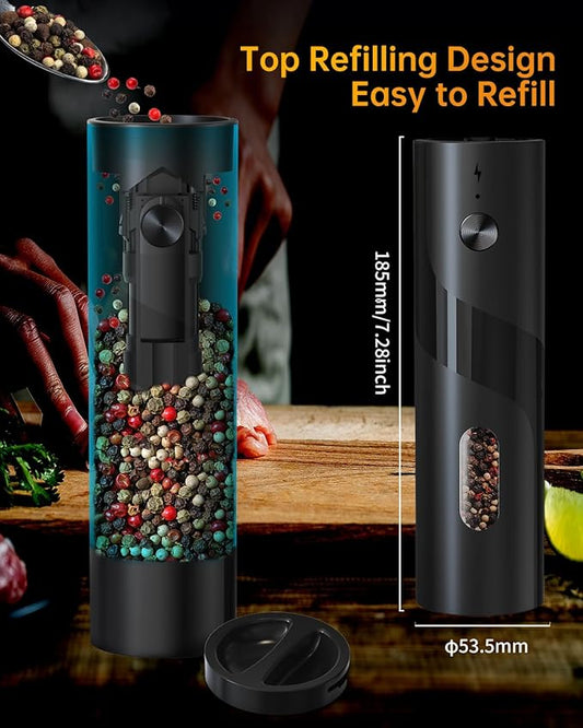 CIRCLE JOY Electric Rechargeable Salt and Pepper Grinder Set Top-Refill Automatic Pepper Mill Grinder with Charging Base, Adjustable Coarseness, Easy Filling Larger Capacity with Led for Home Kitchen