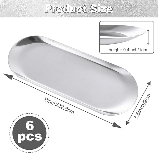 CYEAH Stainless Steel Decorative Tray Set of 6, Silver Decorative Tray 9 inch, Oval Jewelry Dish Bathroom Vanity Small Serving Trays Candle Holder, Stainless Steel Cosmetics Perfume Trays