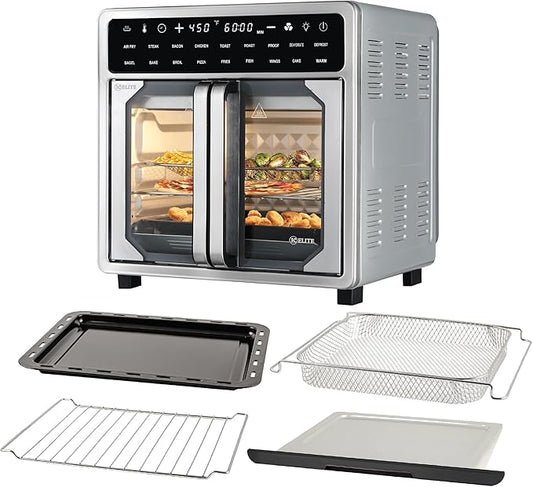 Kitchen Elite 16 Quart French Door Air Fryer Oven – Family Size Countertop Convection Cooker with LED Display, Stainless Steel