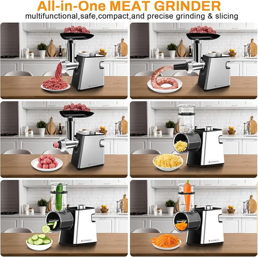 XFCNIKOU Electric Meat Grinder, Cheese Grater, 2800W Max Stainless Steel Veggie Shredder, Vegetable Cutter with 5 Slice Blades, 3 Grinding Plates, Sausage Stuffer & Kubbe Kit, for Home Kitchen Use