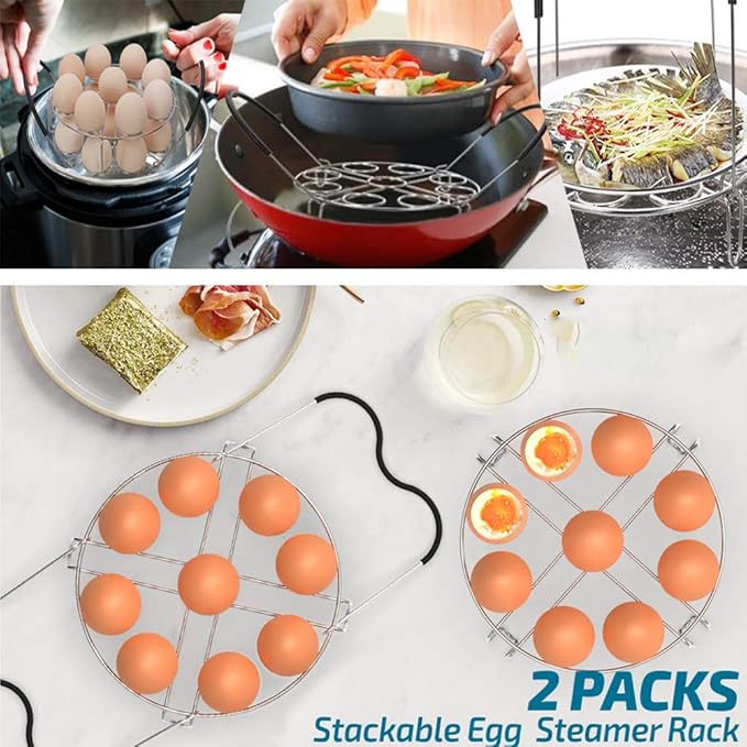 Stackable Egg Steamer Rack Holds 18 Eggs with Handles, Stainless Steel Instant Pot Trivet Fits 6qt/8qt Pressure Cooker, 2-in-1 with Skewers for Grilling