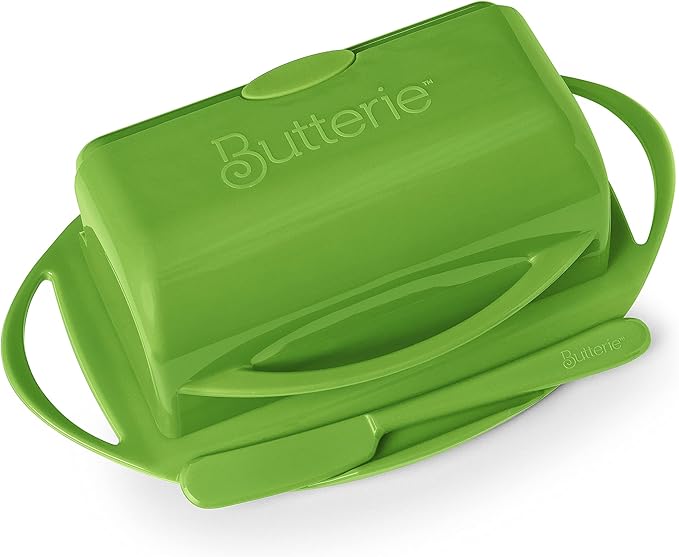 Butterie Flip-Top Butter Dish with Lid & Matching Knife, Holds 2 Sticks/European Butter, No-Mess Butter Holder, Shatterproof, Dishwasher Safe, Green