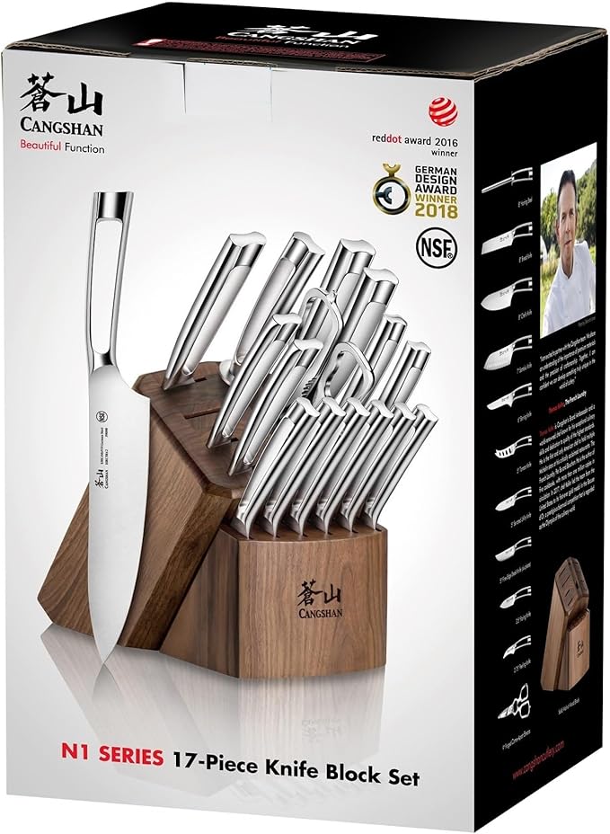 Cangshan N1 Series 1024784 German Steel Forged 17-Piece Knife Block Set, acacia