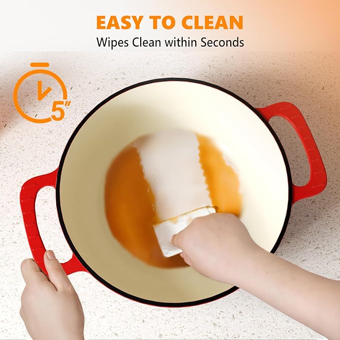 ROVSUN Enameled Cast Iron Round Dutch Oven, 7.5QT Pot with Lid &Dual Handles with Silicone Gloves,Oven Safe up to 500°F, Heavy-Duty Pre-Seasoned Cookware for Bread Baking, Braising, Stews, Roasting,Red