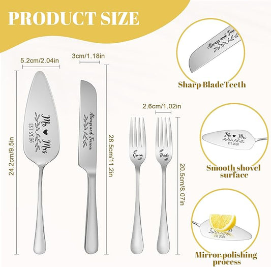 Wedding Cake Knife and Server Set, 4 Pack Stainless Steel Cake Cutting Knife, Slicer and Forks Server for Wedding, Anniversary, Birthday(Silvery)