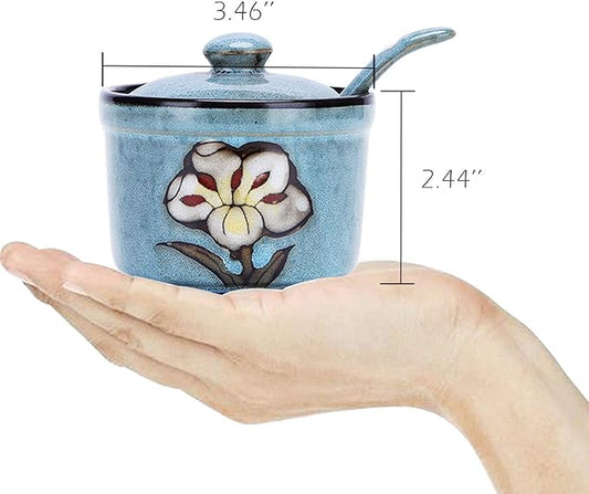 VanEnjoy Retro Hand Painted Flower Ceramic Round Sugar Spice Containers Porcelain Jar with Spoon Round Condiment (blue)