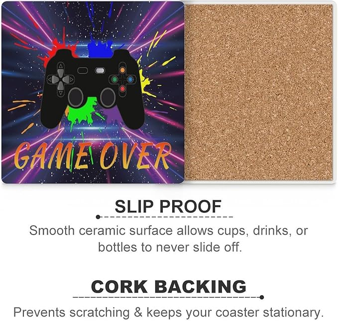 Square-4PCS Gamer Drink Coasters, Square Modern Ceramic Absorbent Coasters, Gaming Graffiti Gamepad Colorful Game Controller Cool Gamer Decor Desk Coffee Table Coaster for Beverage Cup Tea Coasters