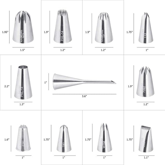 Kasmoire 11 Pcs Extra Large Piping Tip Set,Stainless Steel Cake Decorating Icing Tips Nozzles,Professional Pastry Tips for Cupcake, Cookie and Puff