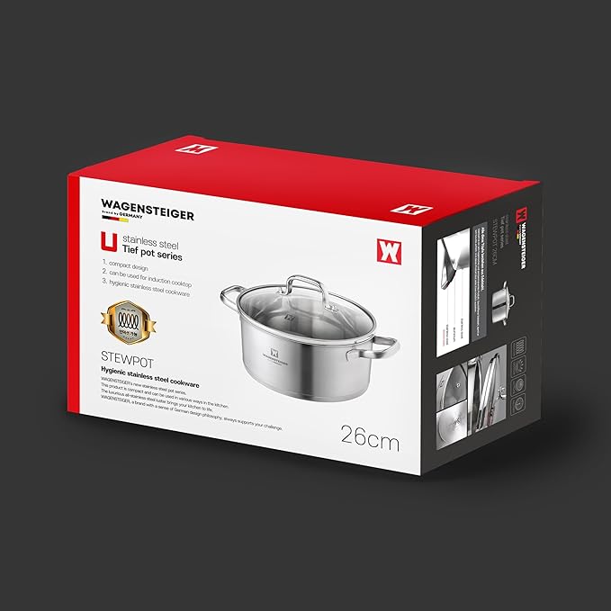 WAGENSTEIGER 4.3 Quart Casserole Pot/Dutch Oven/Saute Pan, 3-Ply Stainless Steel with Aluminum Core, Tempered Glass Lid, Ergonomic Handles, All Cooktops Compatible (9.84" Diameter Casserole)