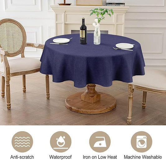 AUSSPVOCT Textured Tablecloth Round 60 Inch Waterproof Spill-Proof Wipeable Blue Table Cloth Wrinkle Free Fabric Dining Table Cover for Birthday Party Farmhouse Kitchen Dining Tabletop Cover