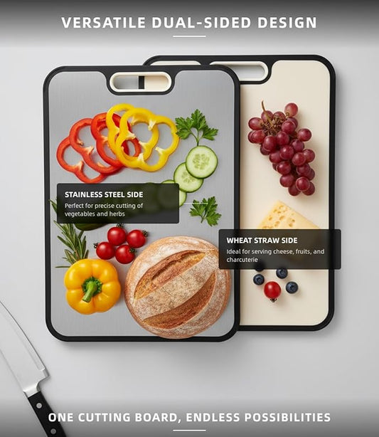 Stainless Steel Cutting Board for Kitchen, Double Sided Cutting Board, Pure Food Grade Stainless Steel and Wheat Straw PP, Easy to Clean, Large Size 16"×11"