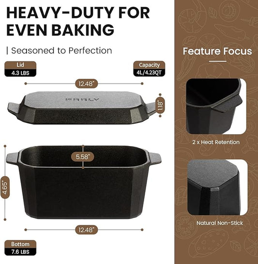 FRRLY Cast Iron Bread Loaf Pan with Lid,Bread Baking Pan,Cast Iron Dutch Oven for Sourdough,10 x 5 Inch Pre-seasoned Even Heat Distribution Baking Pan for Homemade Bread