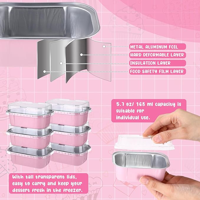 Vesici 100 Sets Mini Loaf Pans with Lids, 5.7 oz Disposable Aluminum Foil Baking Cups, Rectangle Cake Pans for Pudding Desserts Muffin Baking Storage Valentines Wedding Birthday Party(Pink)