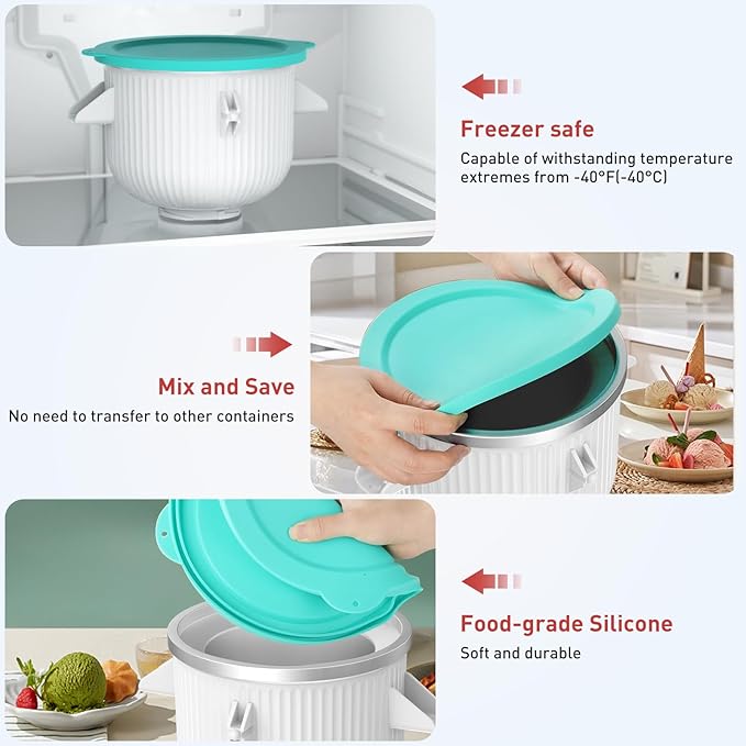Ice Cream Attachment for KitchenAid Mixer, Ice Cream Bowl Compatible with 4.5Qt and 6QT Or Larger Stand Mixers KitchenAid Attachment, Frozen Yogurt & Sorbet Gelato Maker Attachment, 2 Qt With lid