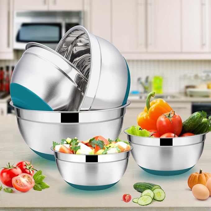 E-far Stainless Steel Mixing Bowls Set of 5, Size 7/3.5/2.5/1.5/1 QT, Metal Nesting Bowls with Teal blue Airtight Lids & Non-Slip Bottoms, Great for Kitchen Cooking, Baking, Serving, Food Prep