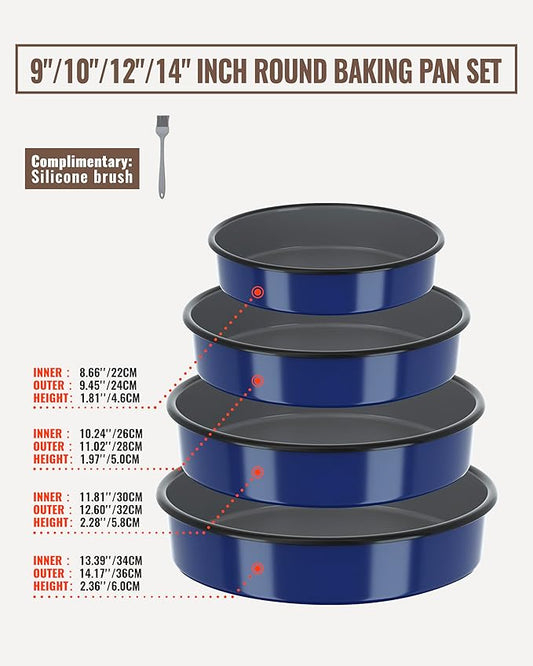 MCCSI Baking Pans Set Round Roasting Dish 4-Pack 9/10/12/14 Inch Enamel Non Stick Large Bakeware for Cake Bread Pie Pizza Ham Turkey, Non-Toxic Oven Dishwasher Safe Mother's Christmas Gift Cookware