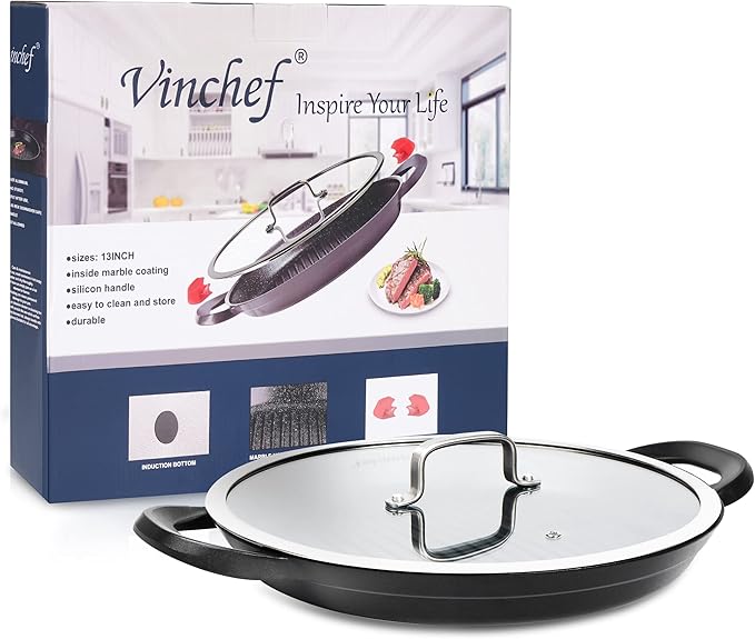 Vinchef Nonstick Grill Pan for Stove tops | 13.0" Skillet, Indoor Induction Cast-aluminum Grill Pan with Lid and Anti-Scalding Tools, GRANITEC Nonstick Coating, Dishwasher & Oven Safe