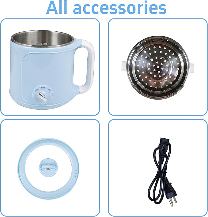 Hot Pot Electric with Steamer,2.0 L Ramen Cooker,Mini Portable Hot Pot for Cooking,Pasta, Shabu-Shabu, Oatmeal, Soup and Egg, Electric Cooker for Dorm, Office(Blue)