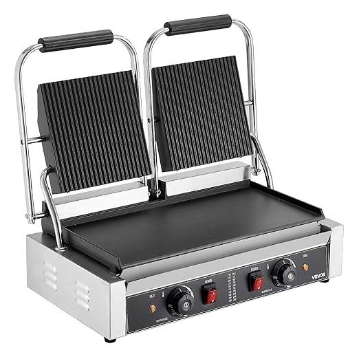 VEVOR Commercial Panini Grill, 3600W Electric Sandwich Panini Maker, Stainless Steel Double Sandwichs Press Grill with Handle and Temp Control, 19x9 in Flat Enamel Plate for Hamburger Steak Bacon