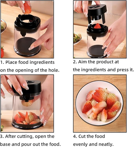 Strawberry Slicer, Fruit Cutter, Stainless Steel Egg Slicers, Fruit Slicer Cup, Grape Cutter, Banana with Cup Slicers, Kitchen Gadget for Fast Slicing (1-Pack-Black)