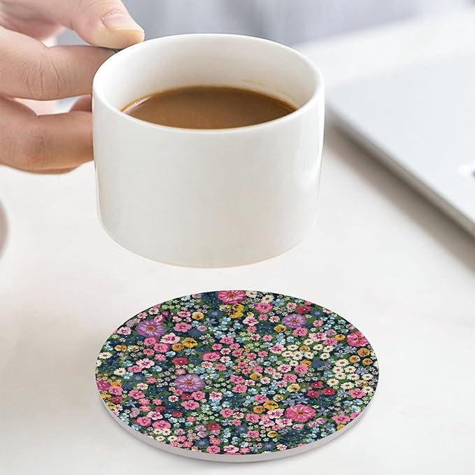 Floral Drink Coasters, Round Ceramic Drink Coaster Round-4PCS, Cartoon Abstract Wildflower Nature Plant Colorful Floral Decor Absorbent Ceramic Coasters for Beverage Cup, Bar, Coffee Table