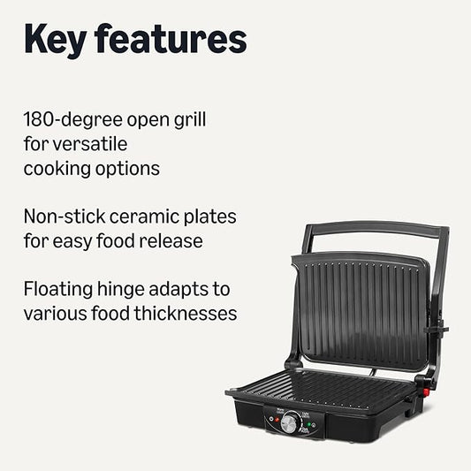 Amazon Basics Panini Press & Electric Indoor Grill with Temperature Control, Non-Stick Ceramic Plates, Black