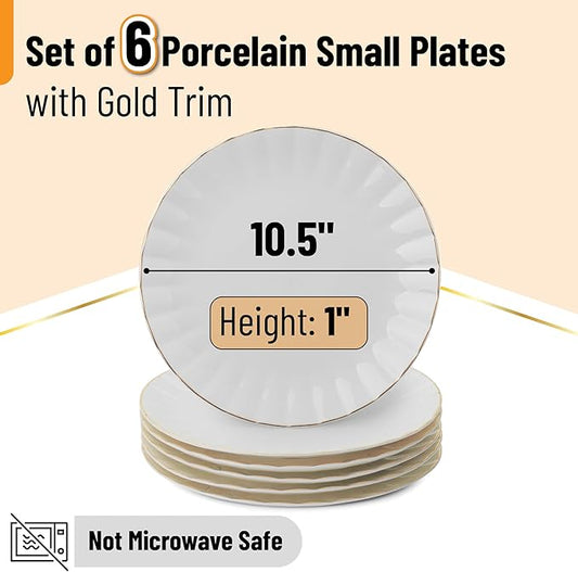 BTaT- Porcelain Dinner Plates with Gold Trim,10.5 inch, Set of 6, White Dinner Plates Bulk, White Plate Set