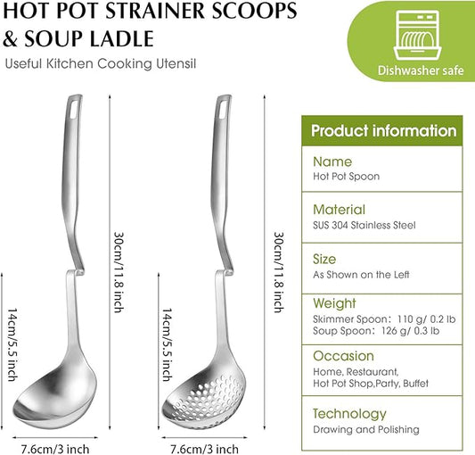 Patelai Hot Pot Slotted Ladle Set Stainless Steel Soup Ladle Strainer Scoops Cooking Skimmer Cookware Utensil for Hotpot Scooping Sauce Serving, 12 Inch(4 Pcs,Silver)