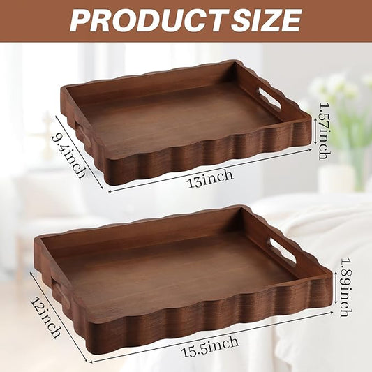 Novabright 2 Pack Solid Scalloped Wood Serving Trays with Handle, 2 Size Rectangular Wavy Edge Decorative Tray Rustic Wooden Food Tray for Breakfast Coffee Table Kitchen Living Room Entryway Decor