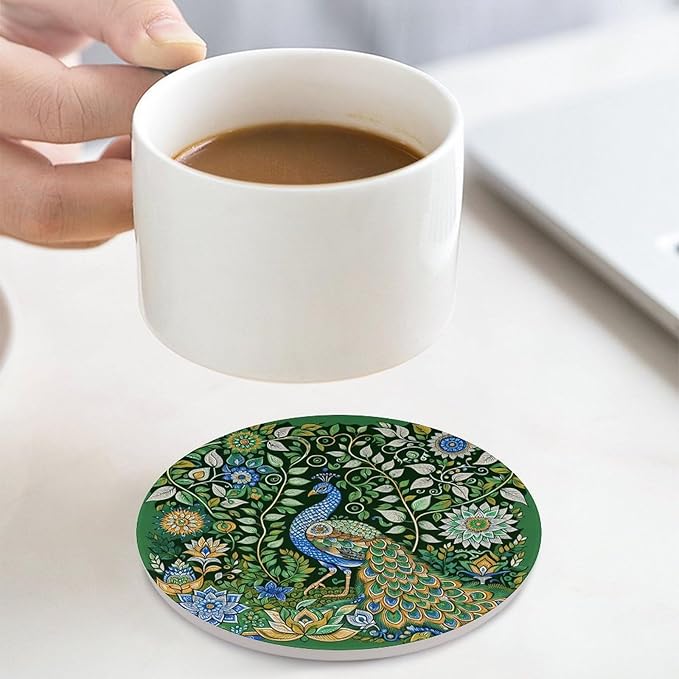 Peacock Drink Coasters, Round Ceramic Drink Coaster Round-4PCS, Beautiful Green Plant Floral Peacock Boho Art Pattren Decor Absorbent Ceramic Coasters for Beverage Cup, Bar, Coffee Table