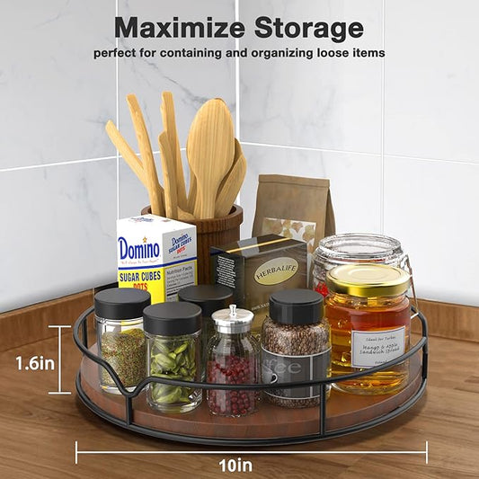 Lazy Susan Turntable Organizer with Anti-slip Mat for Cabinet Pantry Kitchen Countertop Refrigerator Office, Pine Wood, 10", Brown