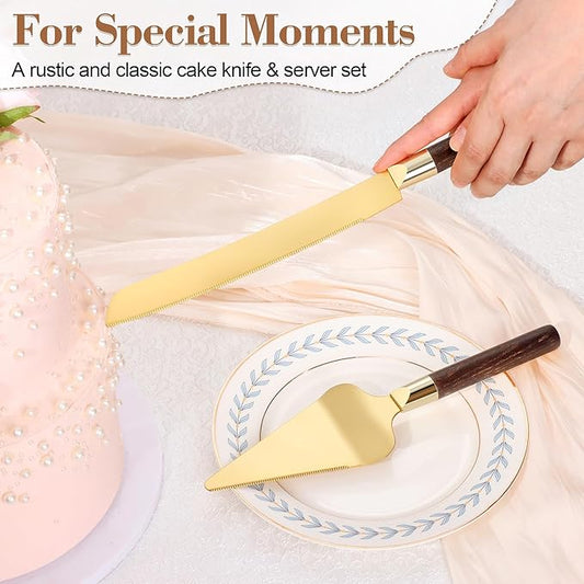 TUKDAK Gold Cake Cutting Set for Wedding, Wood Cake Knife and Server Set, Vintage 2-Piece Pie Cutter Set, Serrated Pizza Dessert Utensils, Bridal Birthday Quinceañera Gift (Walnut color)