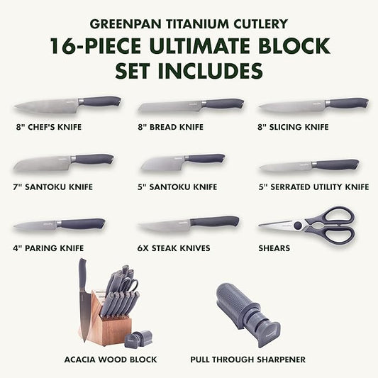 GreenPan Titanium Ultimate 16-Piece Knife Block Set, Titanium Coated, Stainless Steel, Eco-friendly, Ergonomic Grip, Slip Resistant, Balanced, Heat Treated, Hand Sharpened, Dishwasher Safe