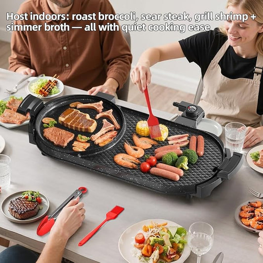 AORAN Electric Grill and Hot Pot Combo for Indoor Cooking, 2200W Detachable Dual Zone BBQ Griddle with Removable Split Pan, Non-Stick Surface, 29x11 Inch Family Size, Includes Grill Tools & Oil Paper