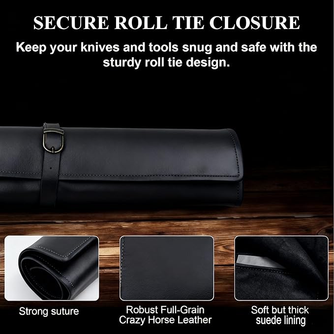 BSLGCTX Leather Knife Roll, Chef Knife Roll Bag, Knives Carrying Case, Culinary Tools Carrying Storage, Portable Travel Storage with 7 Slots & Zipper, Gifts for Chef (Black)