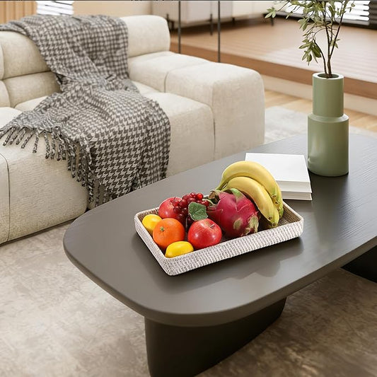 Hipiwe Rattan Serving Tray Whitewash Decorative Woven Trays for Organizing Bread Fruit Basket Rectangular Desktop Organizer for Kitchen Bathroom, 14.8" x 9" x 1.8"
