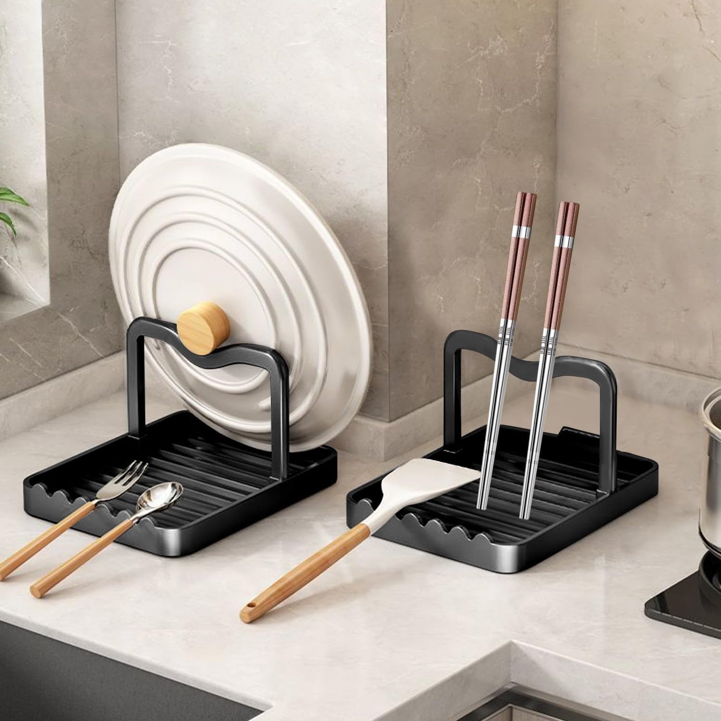 Ysks'hf spoon holder and pot lid holder,stainless steel,Kitchen Utensil Rest, scraper holder & pot holder,Spoon Holder for Stove Top - Kitchen Utensil Holder for Ladles & Tongs(Black)