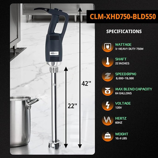 COOLUMA X-Heavy Huty 750W Commercial Immersion Blender, 22 Inch Removable Shaft, 8,000-19,000 RPM Variable Speed, 64 Gallons Hand Mixer, Secure Dual Button Start.