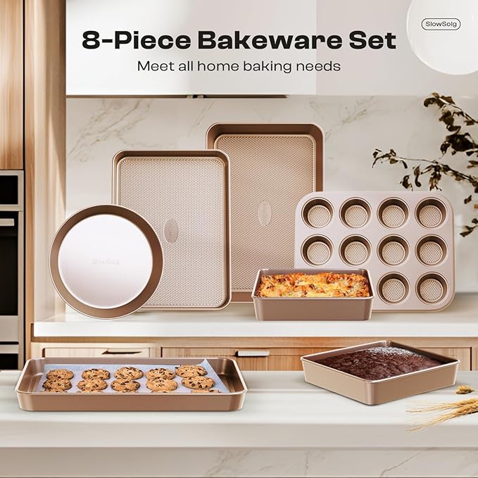 Slow Slog Baking Pans Set 8-Piece Bakeware Sets, Baking Sets for Cooking Nonstick Oven Pan Set, Baking Sheet Set, Cookie Sheets for Baking, Muffin Pan, Cookie Sheets (Ceramic Coated Gold)