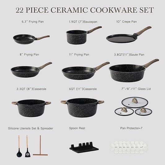 Ceramic Cookware Set 22-Piece Nonstick Pots and Pans Set Non Stick Kitchen Cooking Sets Stockpot Saucepan Frying Pans