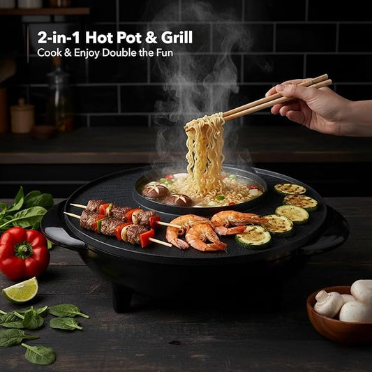 OVENTE Electric Hot Pot and Grill Combo, 2-in-1 Portable Countertop Cooker with Temperature Control Perfect for Korean BBQ, Shabu Shabu and Soup with Free Strainer, Chopsticks and Tong, Black GH10133B