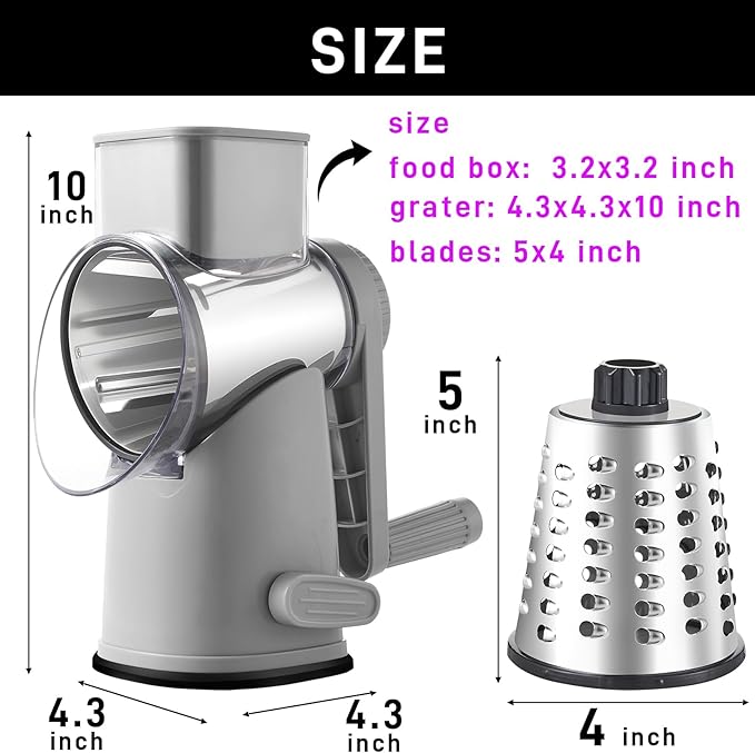 Rotary Cheese Graters with 4 Blades, Hand Crank Cheese Grater with Waffle Slicer, Red, Black and White Cheese Shredder with Suction Base, Easier for Shredding & Grating (Grey, 4 Graters)