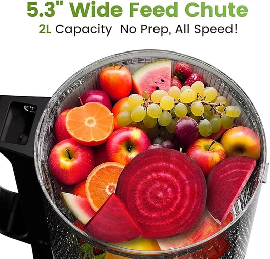 Cold Press Juicer, Juicer Machines 5.3"Wide Feed Chute for Whole Fruits & Vegetables, Electric Juicer of Pulp Separation with 99% High Juice Yield, Preserves Nutrients, Easy to Clean, BPA Free