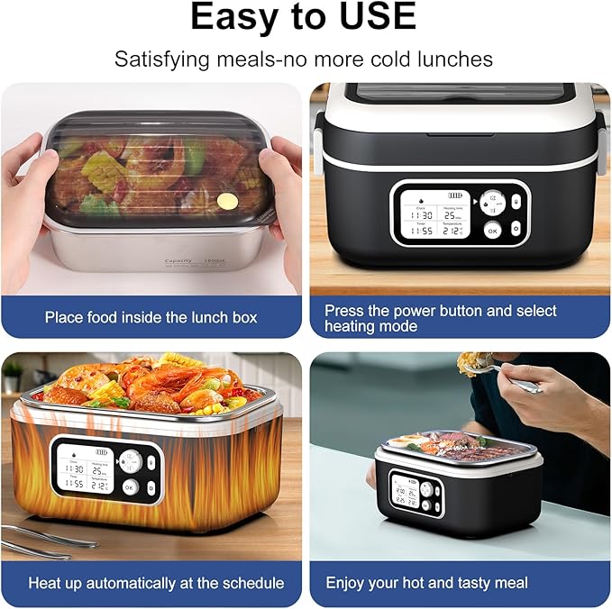 Cordless Electric Heated Lunch Box, 1.5L 6.3Cups 24000mAh Rechargeable Battery Self-Heating Lunch Box, Smart Timer, Even Heating, 100W Portable Food Warmer for Office, Picnic, Car, Outdoor