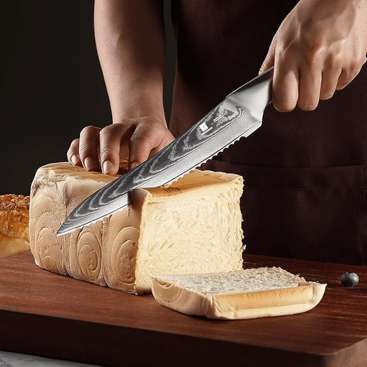 9C Damascus Steel Bread Knife: A Wide Wavy Edge Serrated Knife with an Upgraded Stainless Steel Razor Sharp 8-Inch Blade and 5.6-Inch Handle - for Delicious Homemade Bread, Bagels, and Cake.
