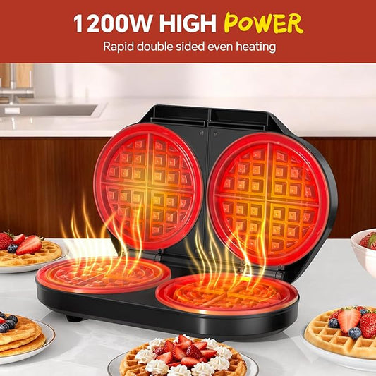 Double Waffle Maker, Belgian Waffle Maker, 6.5 Inch Waffle Iron with 2 Independent Adjustable Temp Knobs & Indicator Lights, Easy-Clean Nonstick Plates, Stainless Steel, Black