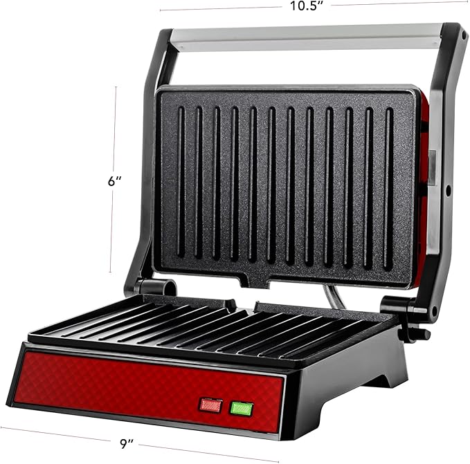 OVENTE Electric Indoor Panini Press Grill and Sandwich Maker with Non-Stick Coated Plates, Cool-Touch Handle and Removable Drip Tray, Opens 180 Degrees to Fit Any Type or Size of Food, Red GP0540R