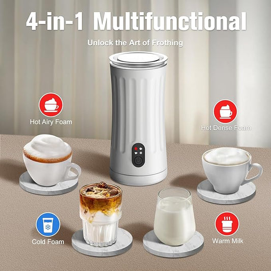 CookSwift Milk Frother, 4-in-1 Milk Steamer and Frother, 8.1oz/240ml Automatic Warm and Cold Foam Maker, Auto Shut-Off Frother for Coffee, Latte, Cappuccino, Macchiato(White)
