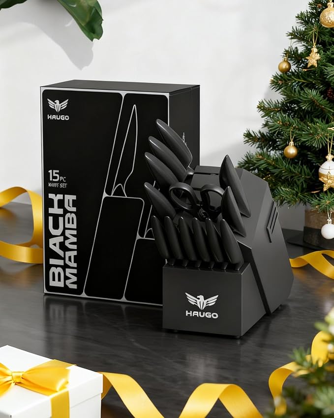 Knife Set - Haugo 15 PCS Kitchen Knife Set with Built in Sharpener - High Carbon German Stainless Steel - Dishwasher Safe Knife Block Set - Ergonomic Handles - Black Mamba Series