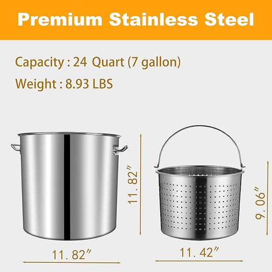 MANNY HOME 24-Quart Stainless Steel Seafood Stockpot with Basket, Crawfish, Crab, Lobster Boil StockPot, Shrimp Boil Stock Pot with Strainer, Turkey Fryer Pot,27L,7Gallon